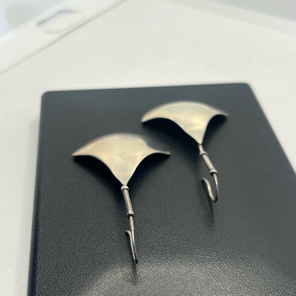 Fan shield long artisan sterling silver dangle vintage earrings modernist style - Picture 7 of 14